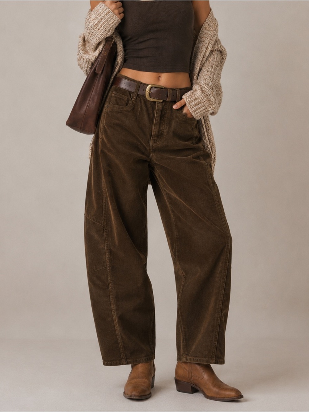 HABITUAL • high waist brown barrel leg corduroy pants & cropped ankle length
